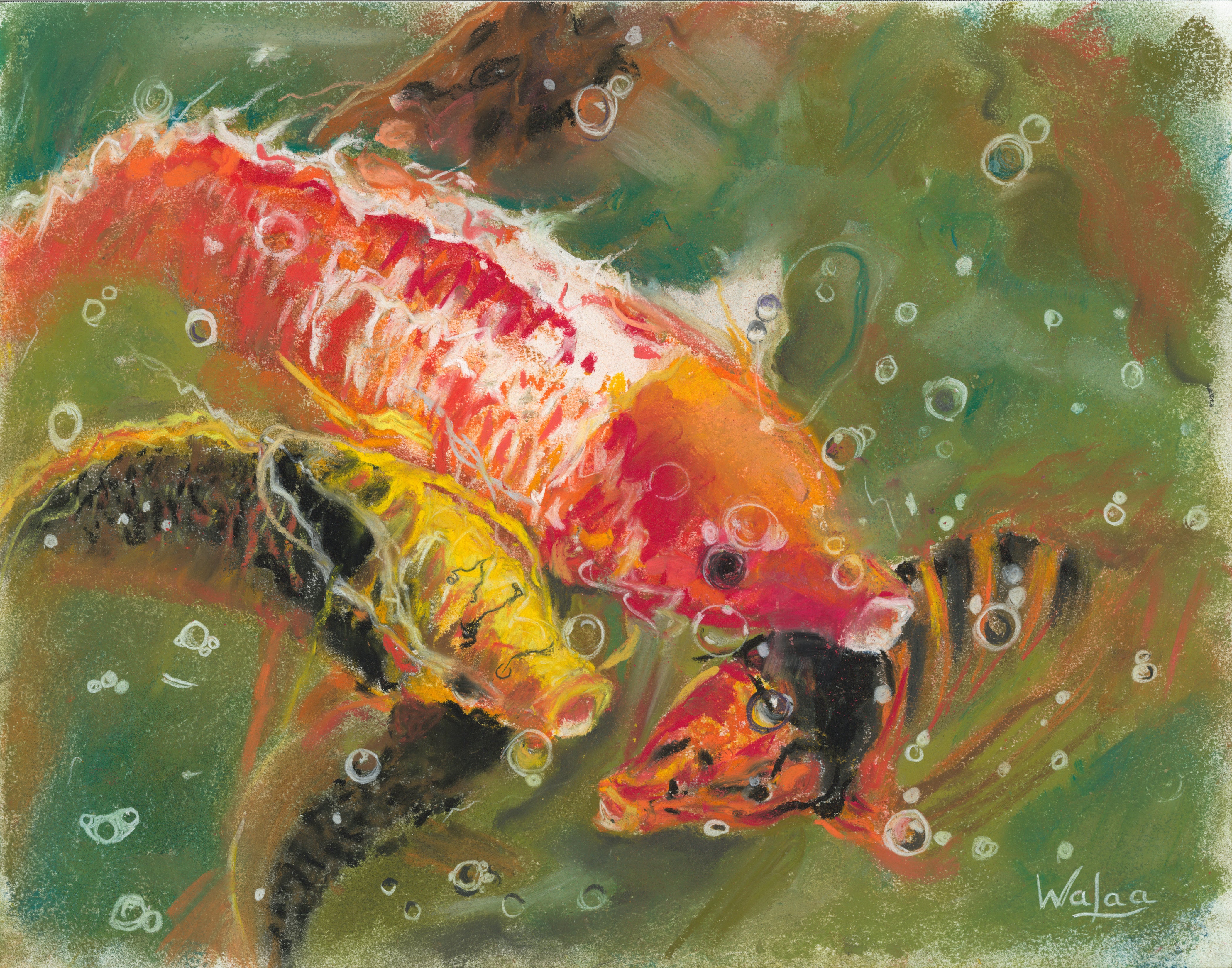 Dance of the Koi by Walaa - Original Pastel on Paper